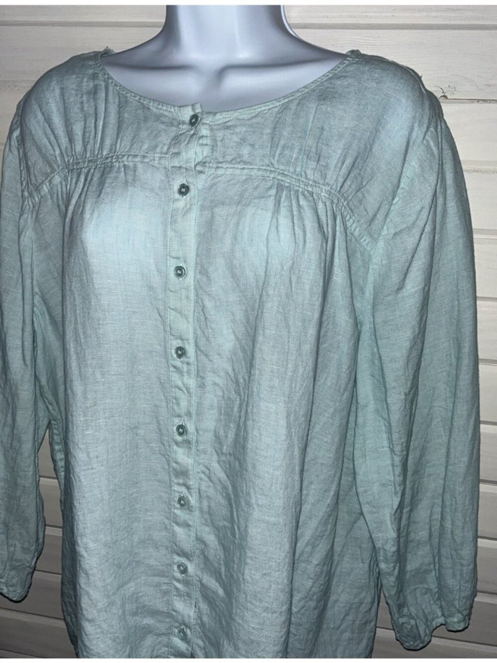 Talbots Sz PETITES XL XLP Mint Green 100% Linen L/S Button Up Blouse EUC
